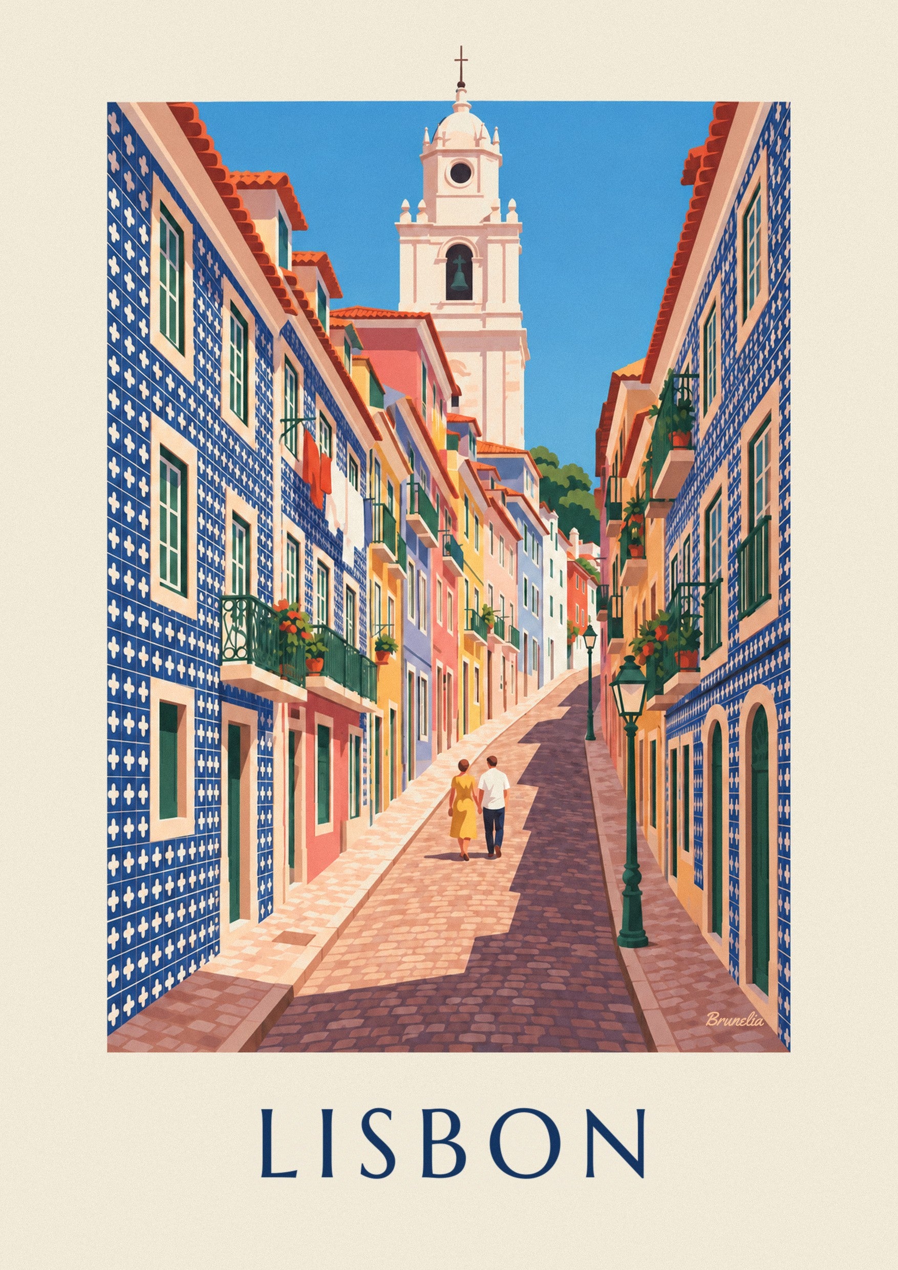 Lisbon alley with azulejo tile facades poster: close-up detail