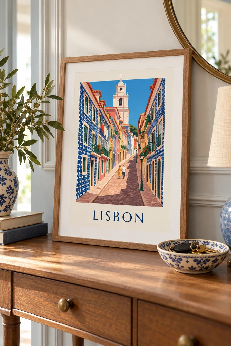 Lisbon alley with azulejo tile facades poster: small framed A4 size