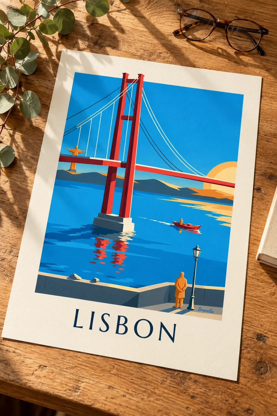 Lisbon 25 de Abril Bridge over the Tagus poster: laid flat on a table