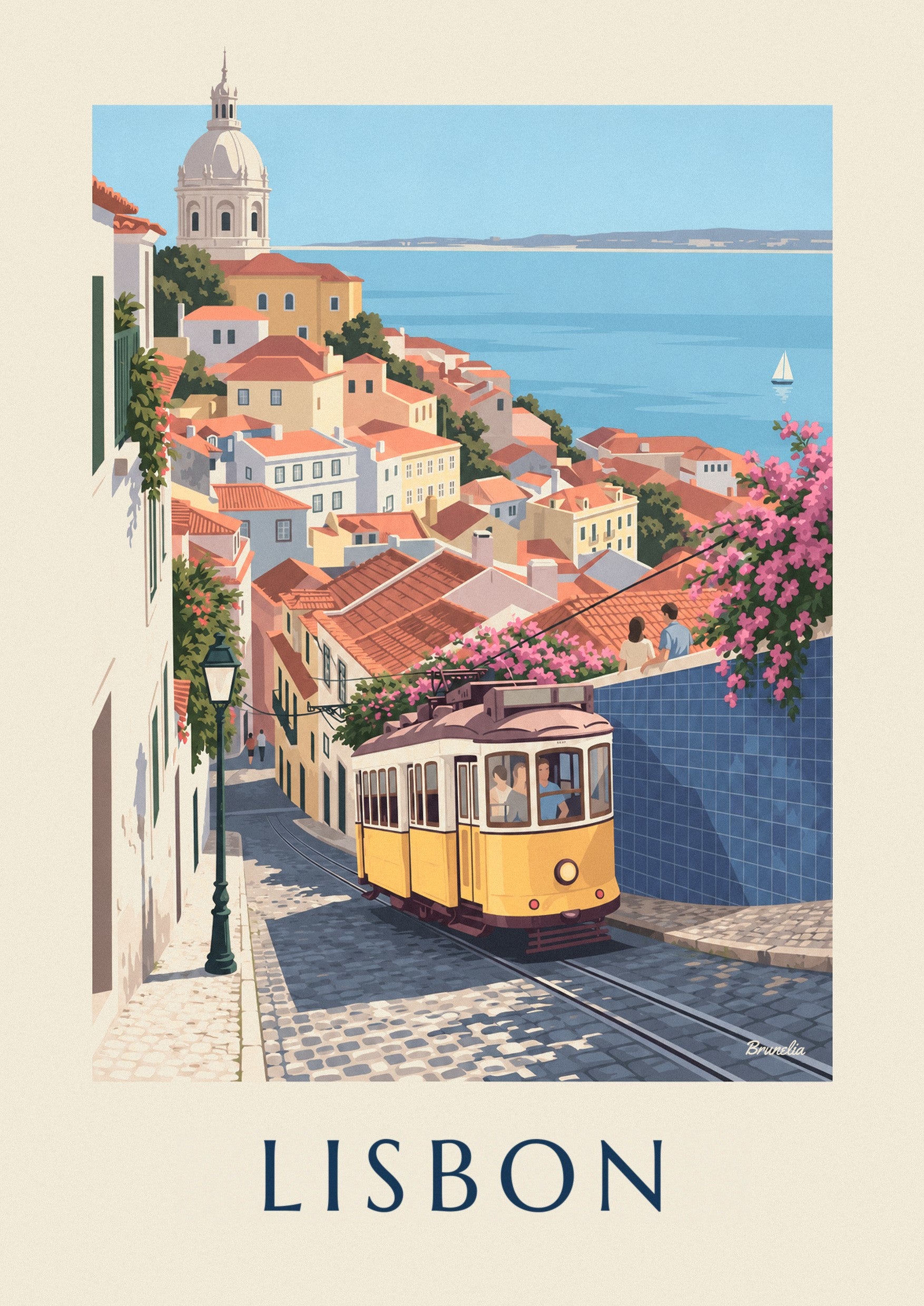 Lisbon yellow tram and Tagus view poster: close-up detail