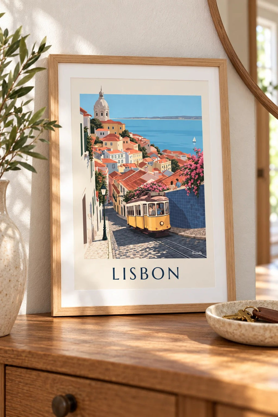 Lisbon yellow tram and Tagus view poster: small framed A4 size