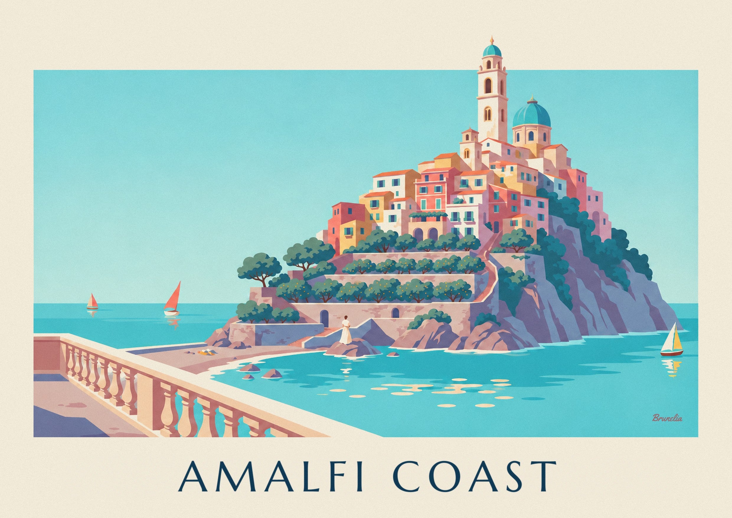 Amalfi Coast colorful houses and turquoise bay poster: close-up detail