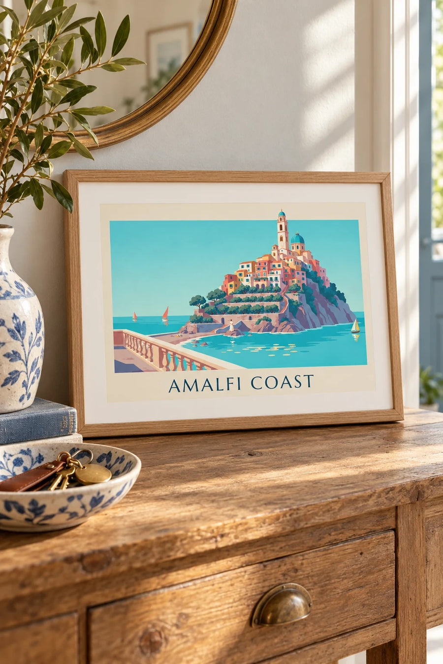 Amalfi Coast colorful houses and turquoise bay poster: small A4 size, framed