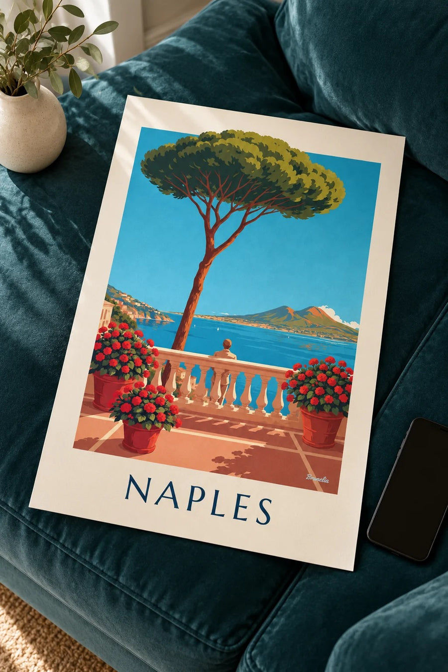 Bay of Naples and Vesuvius from a terrace poster: resting on a table