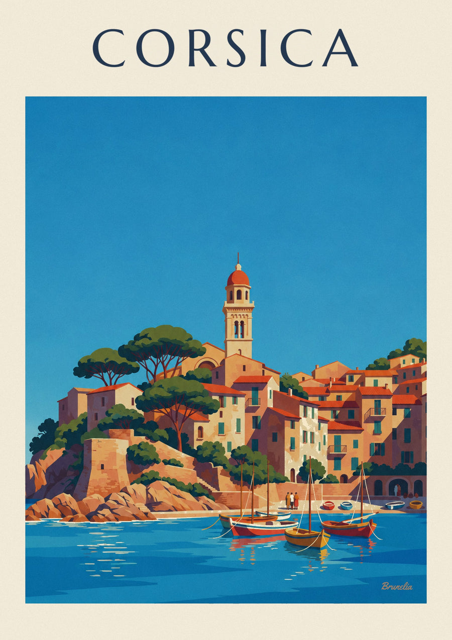 Corsican coastal village and little harbor on the Mediterranean poster