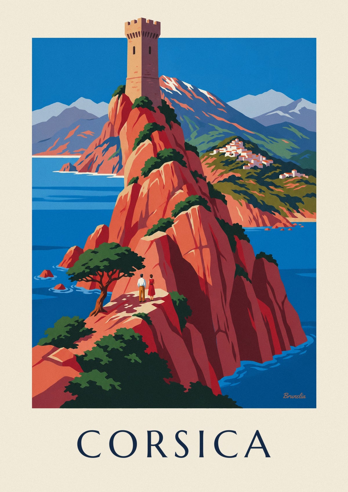 Wild Corsican coast with red cliffs and Monte Cinto poster