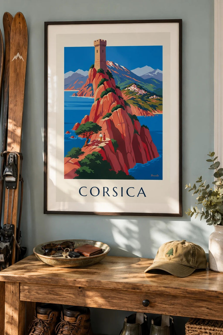 Wild Corsican coast with red cliffs and Monte Cinto poster: framed on the wall