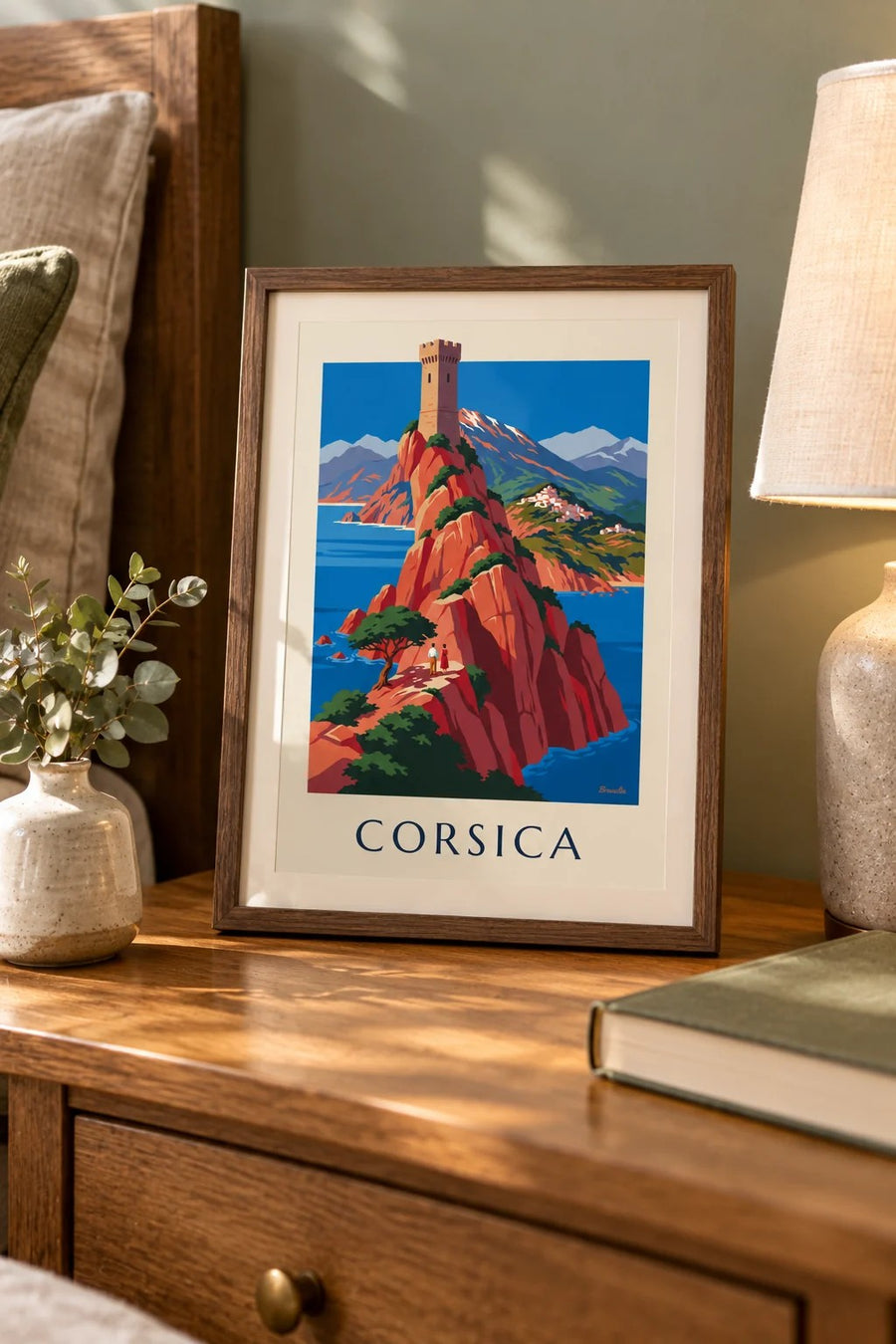 Wild Corsican coast with red cliffs and Monte Cinto poster: small A4 size, framed
