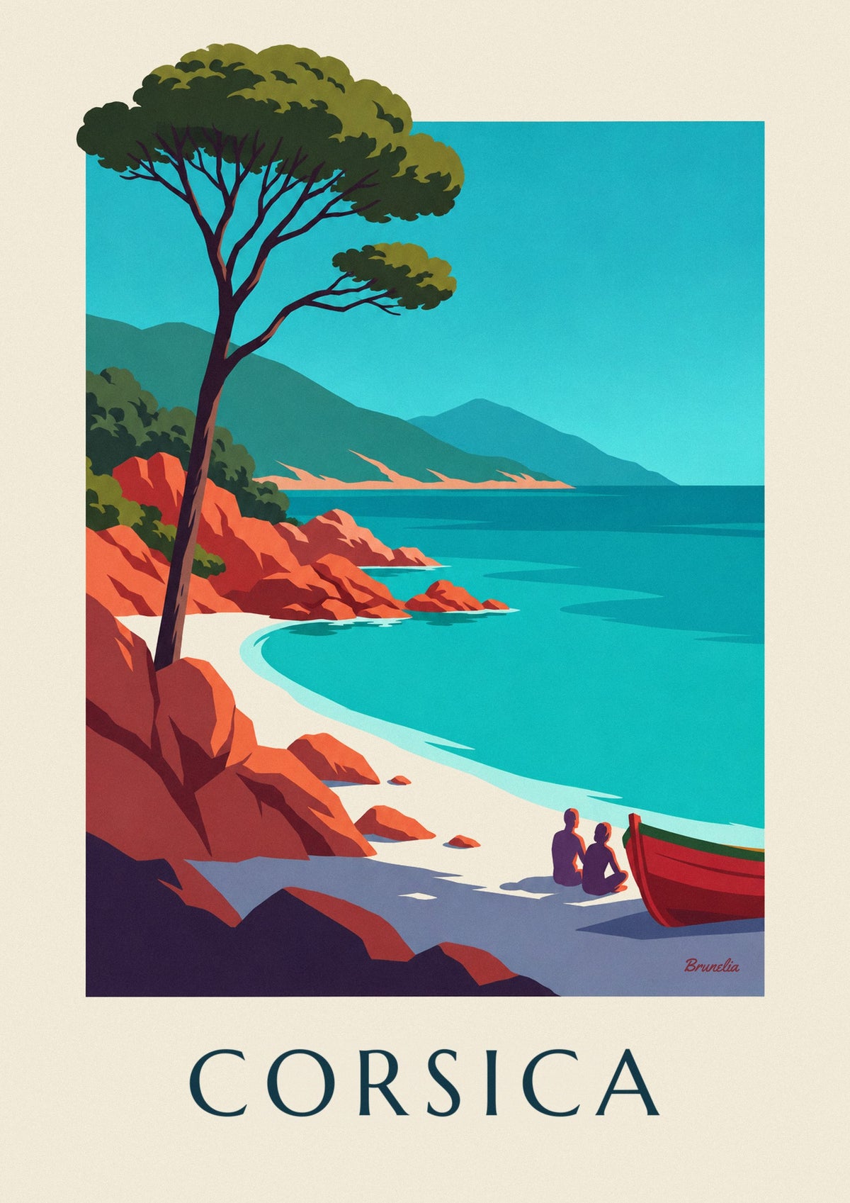 Corsican bay with red granite rocks and umbrella pine poster
