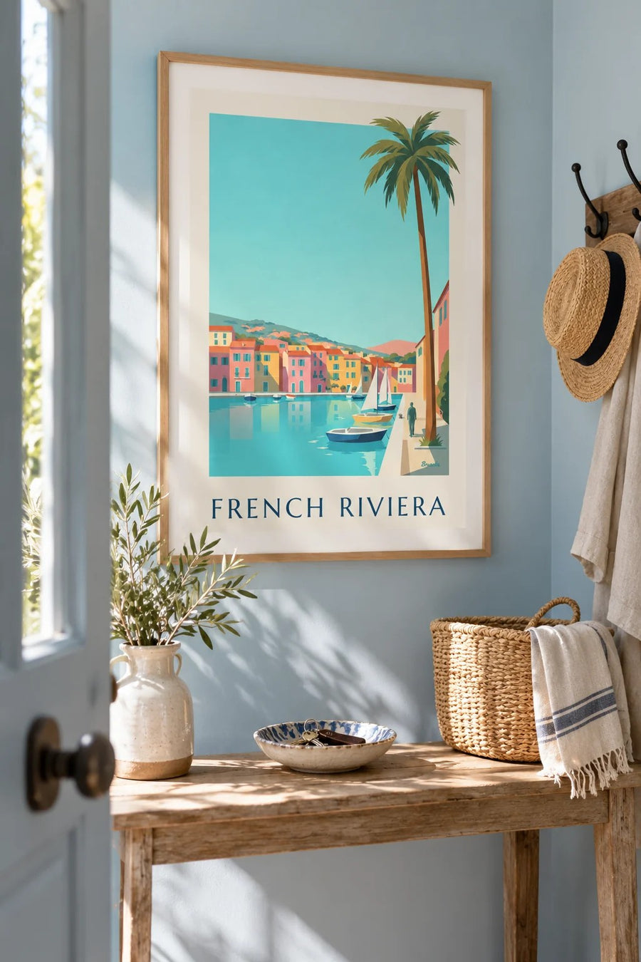 Small French Riviera harbor with houses and sailboats poster: framed on the wall