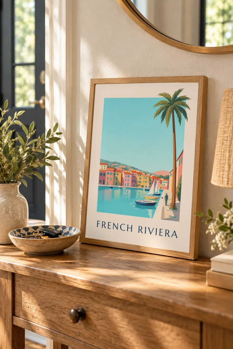 Small French Riviera harbor with houses and sailboats poster: small A4 size, framed