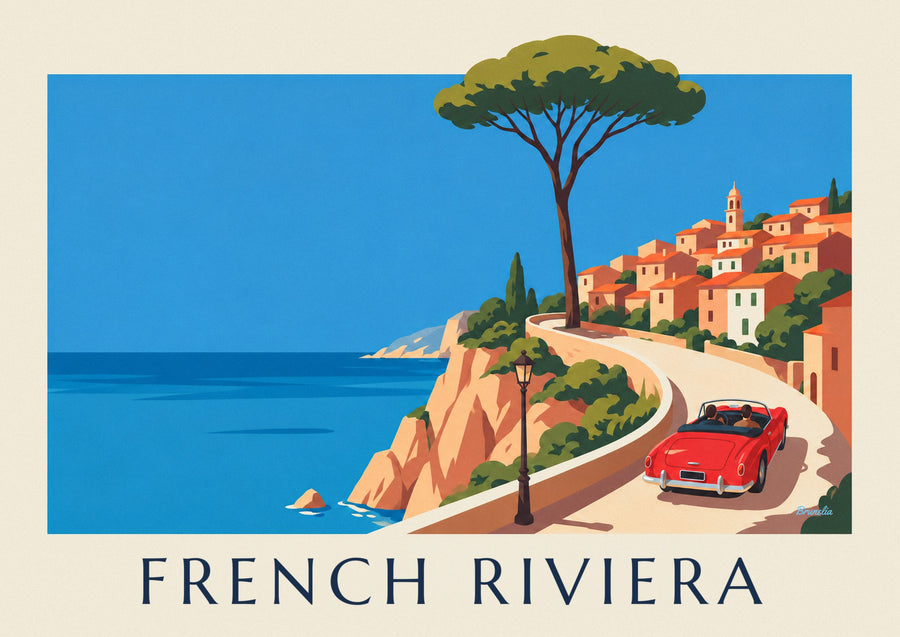 Red convertible on a French Riviera coast road poster