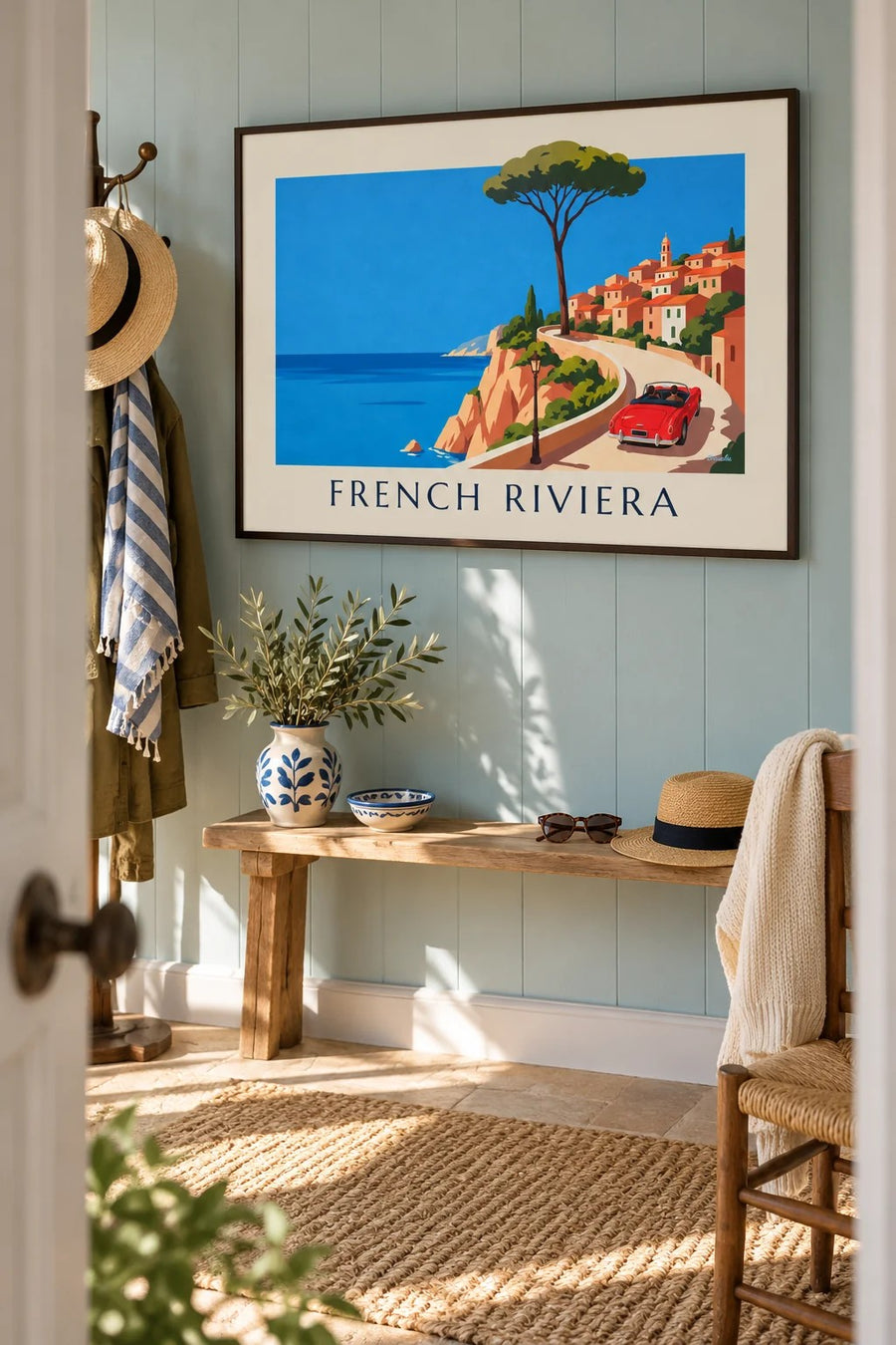 Red convertible on a French Riviera coast road poster: framed on the wall