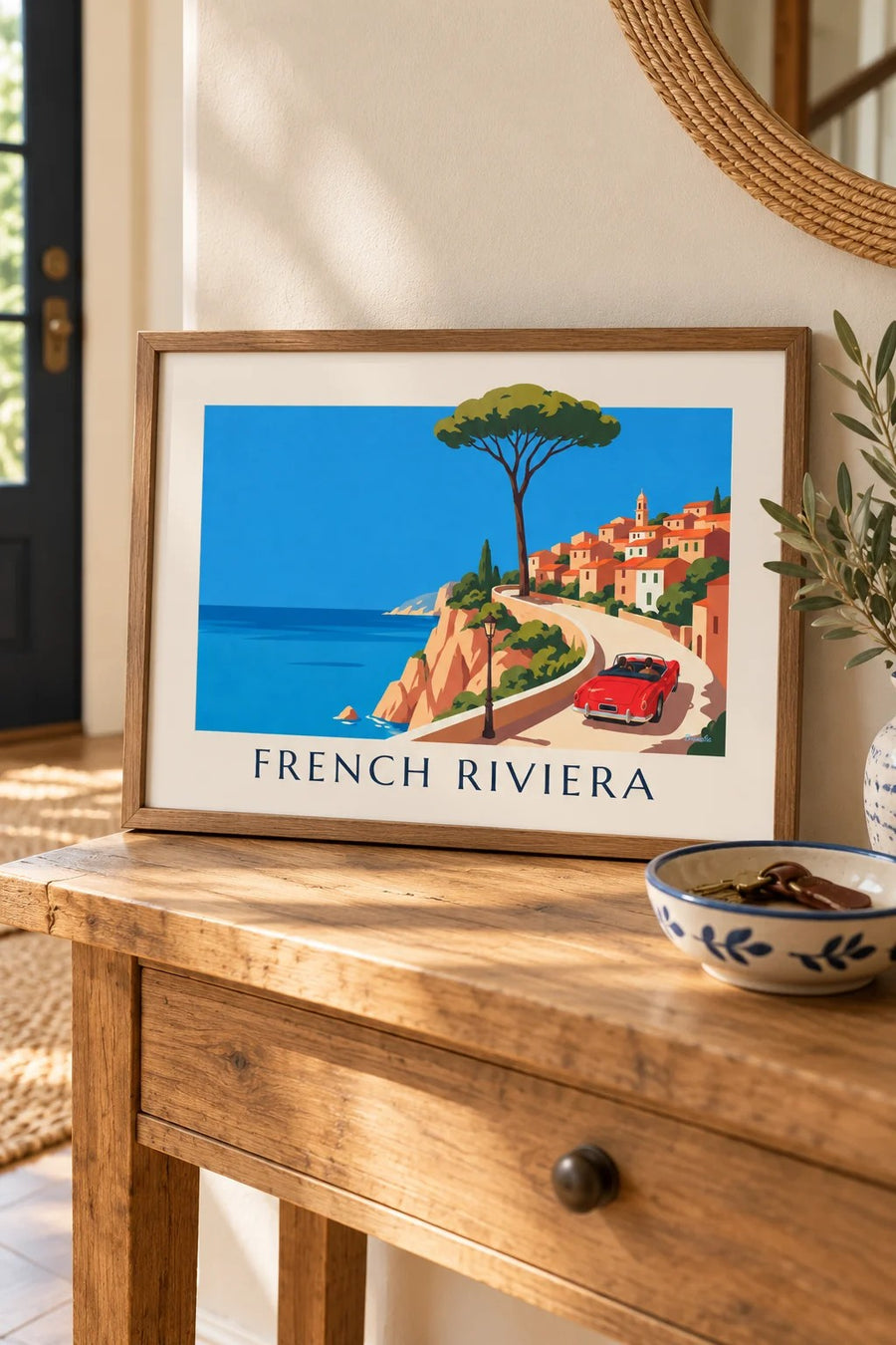 Red convertible on a French Riviera coast road poster: small A4 size, framed