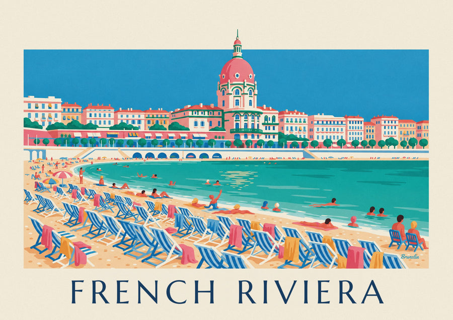 Swimmers and deck chairs below the Promenade des Anglais in Nice poster