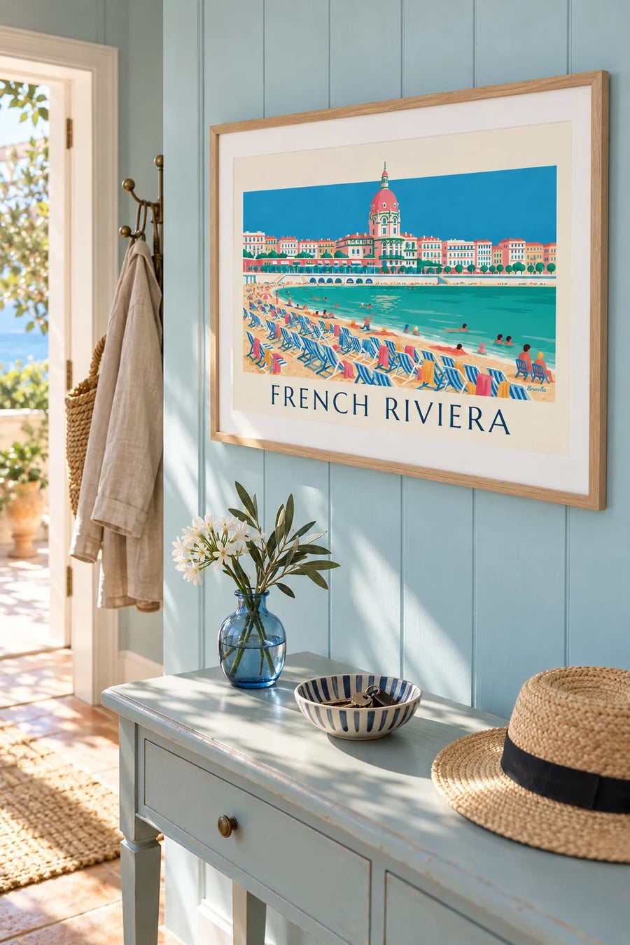 Swimmers and deck chairs below the Promenade des Anglais in Nice poster: framed on the wall