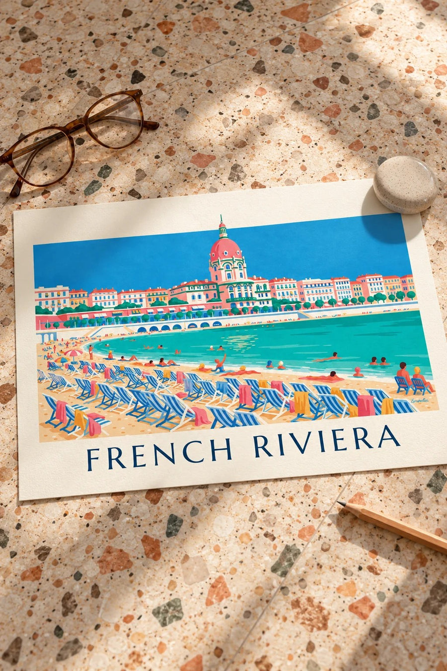 Swimmers and deck chairs below the Promenade des Anglais in Nice poster: standing on a table