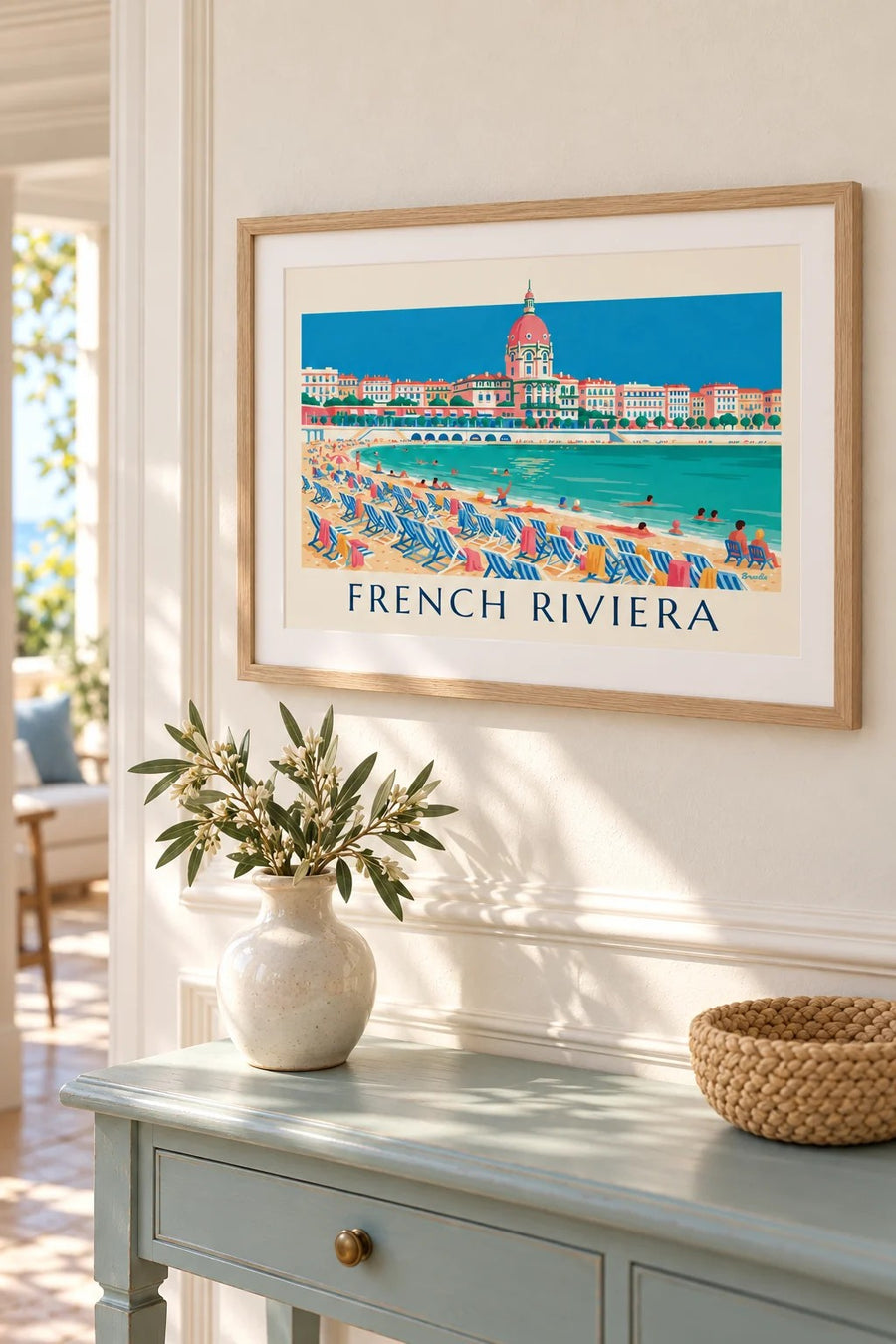 Swimmers and deck chairs below the Promenade des Anglais in Nice poster: small A4 size, framed