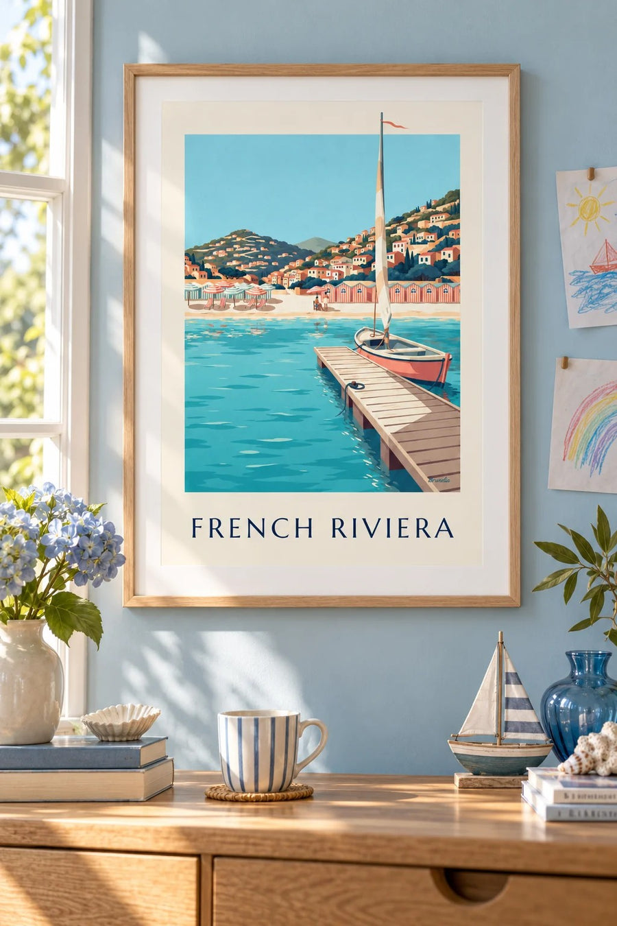 Striped beach cabins and pier on the French Riviera poster: framed on the wall