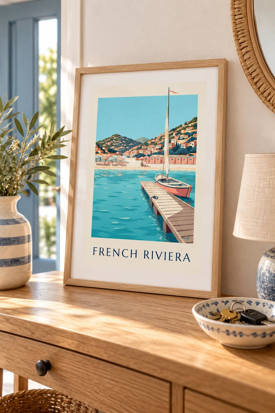 Striped beach cabins and pier on the French Riviera poster: small A4 size, framed
