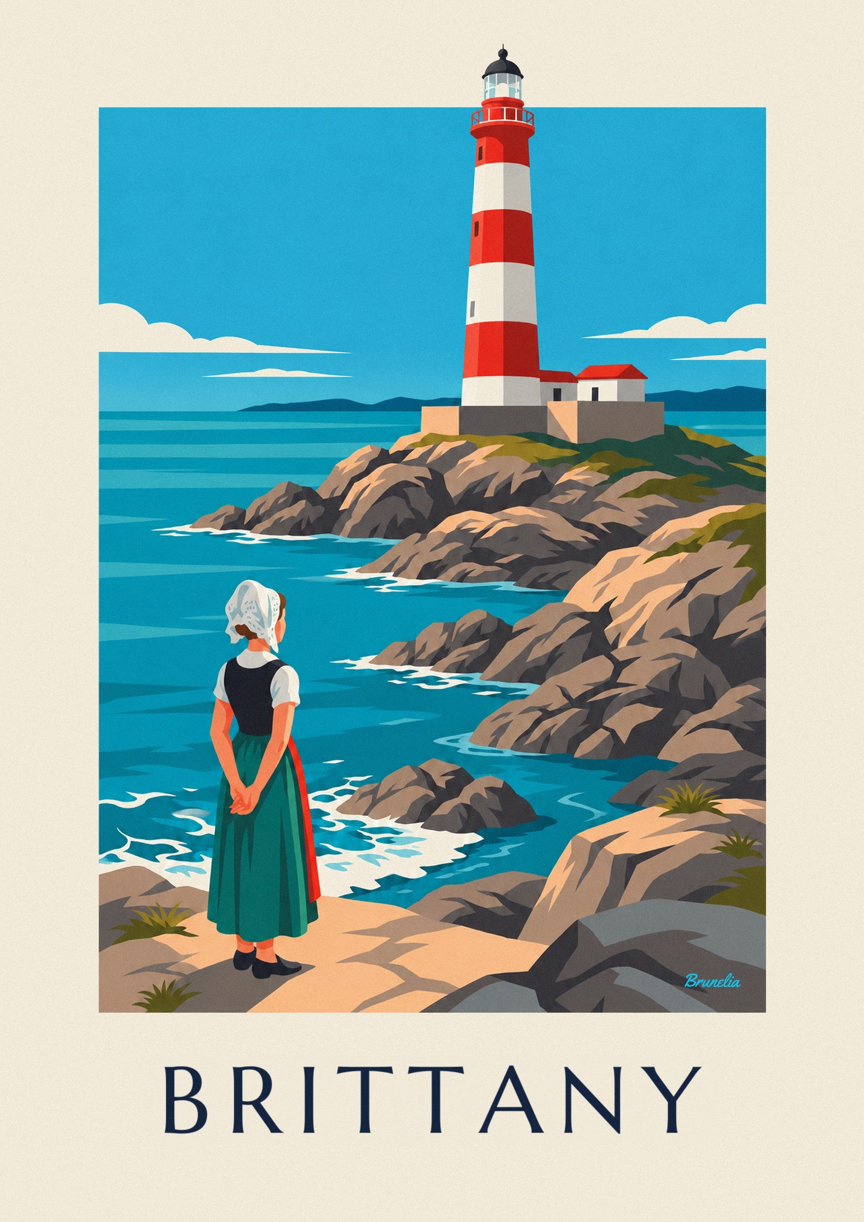 Breton woman in lace headdress and red and white lighthouse poster: close-up detail