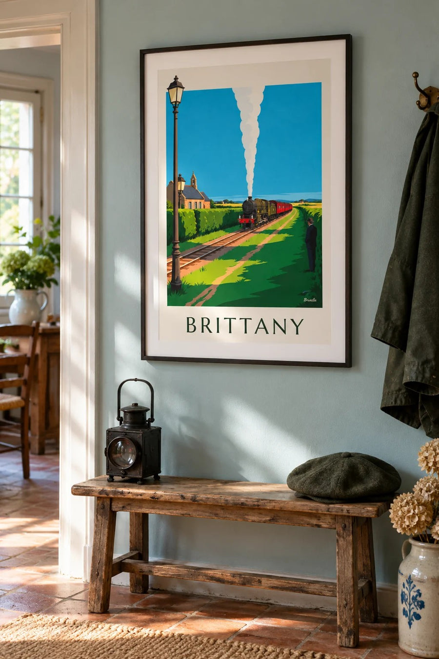 Steam locomotive in the Brittany countryside poster: framed on the wall