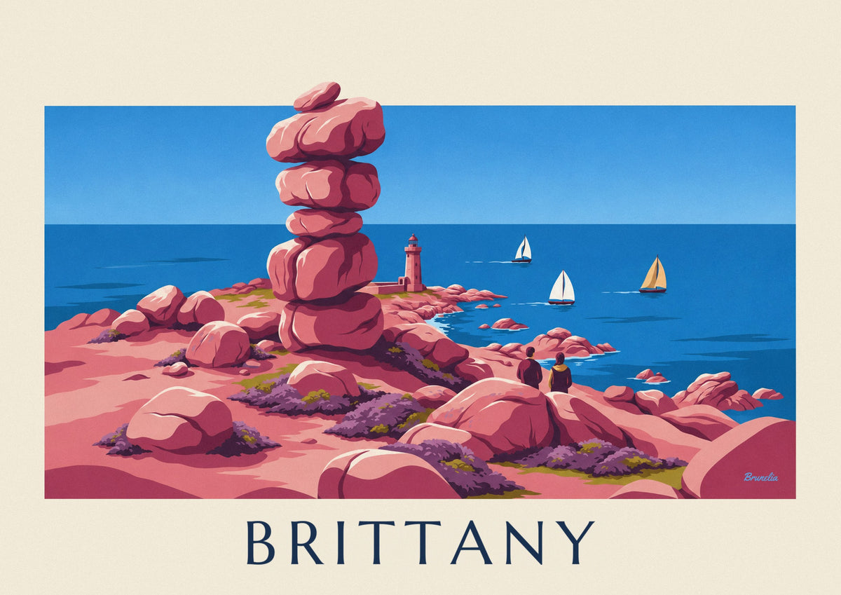 Brittany pink granite coast, lighthouse and sailboats poster