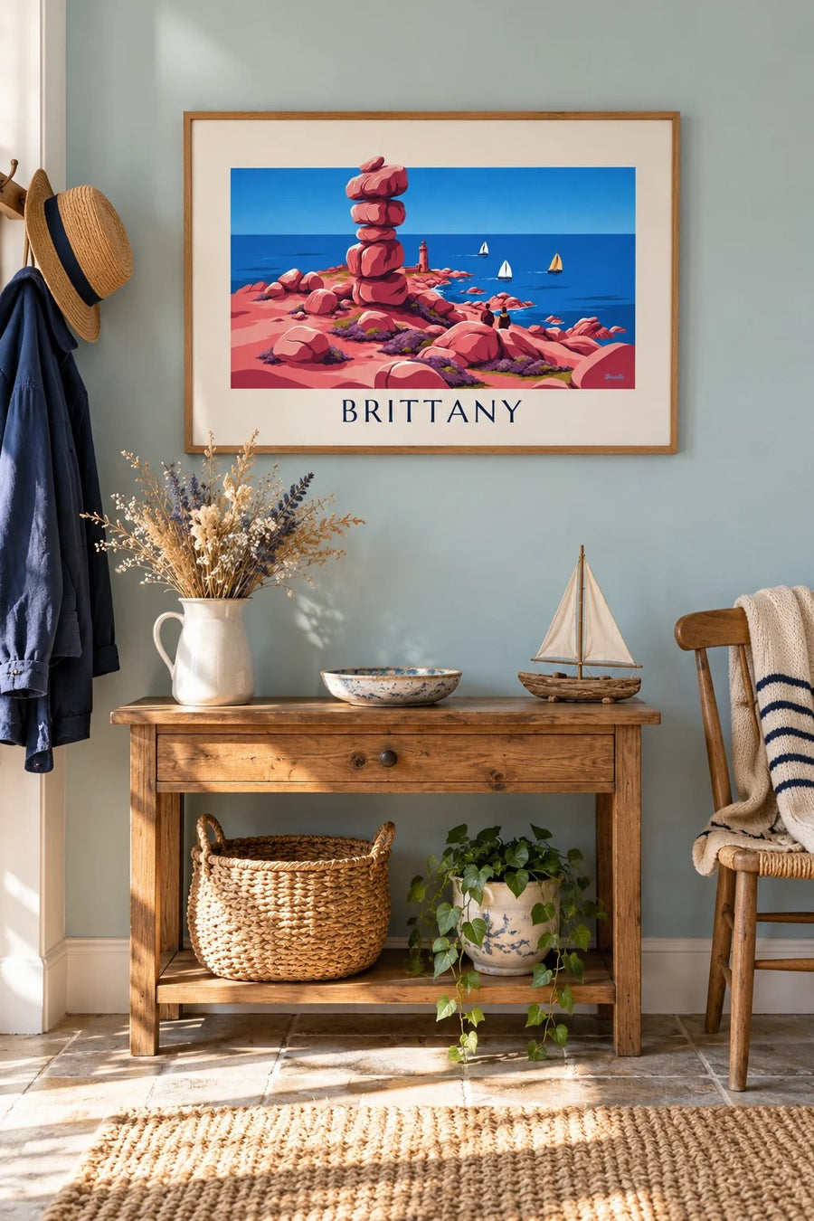 Brittany pink granite coast, lighthouse and sailboats poster: framed on the wall