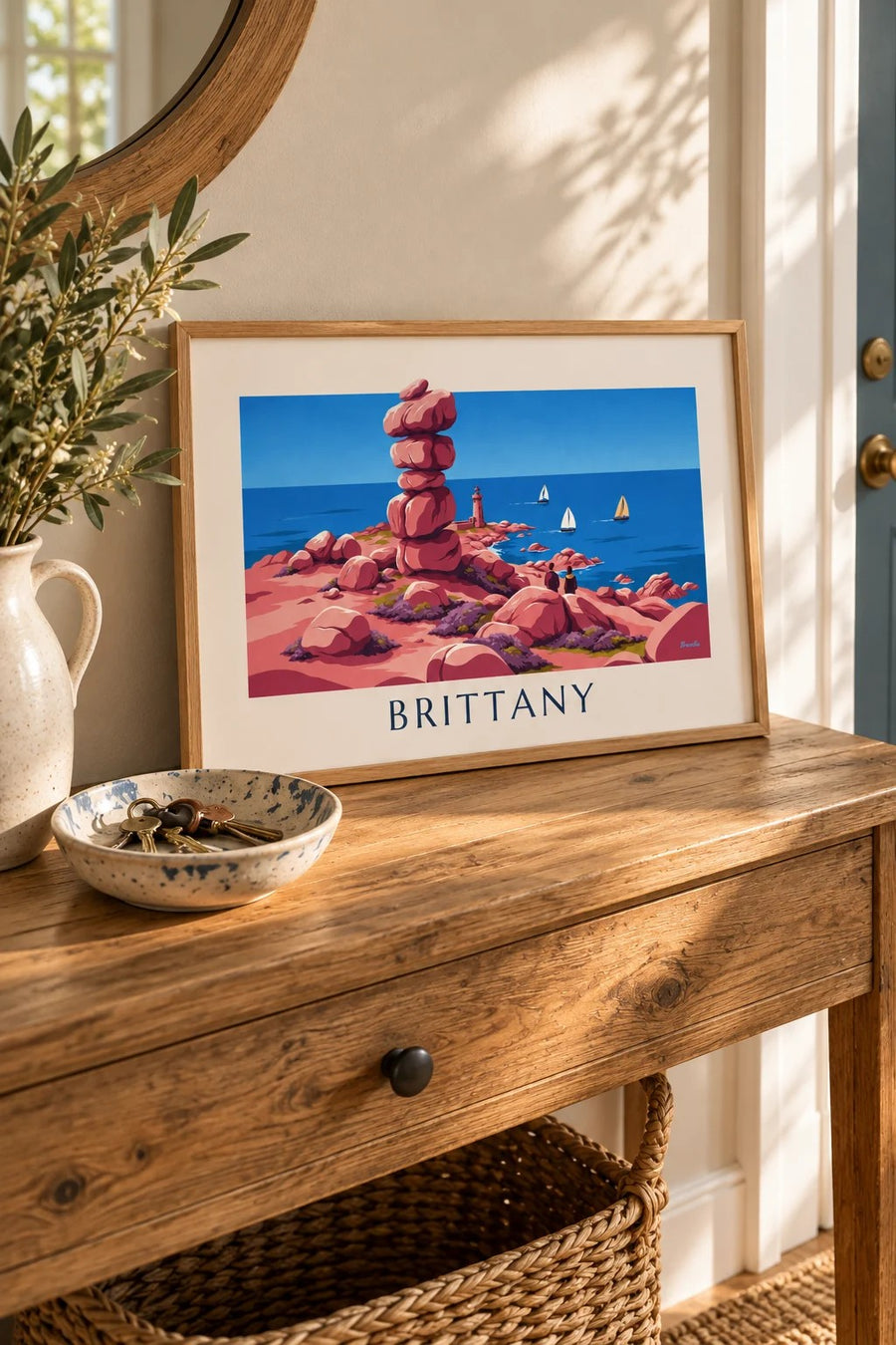 Brittany pink granite coast, lighthouse and sailboats poster: small A4 size, framed
