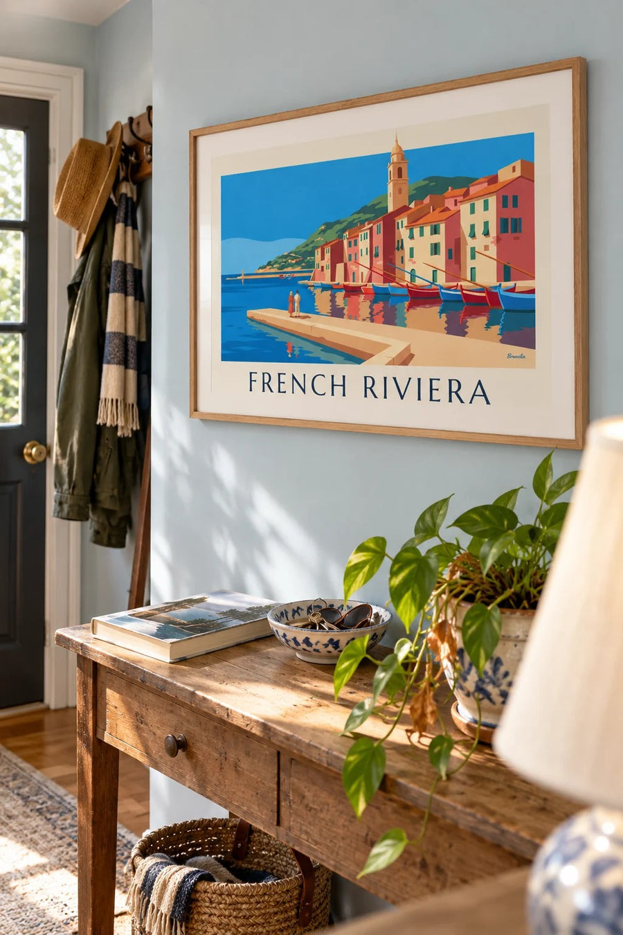 French Riviera harbor with colorful facades and boats poster: framed on the wall