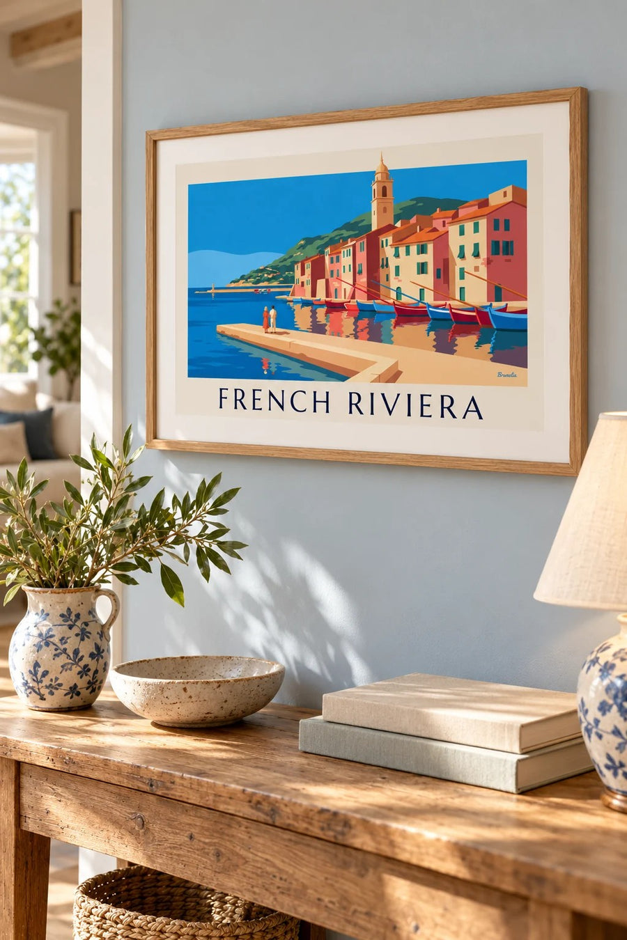 French Riviera harbor with colorful facades and boats poster: small A4 size, framed