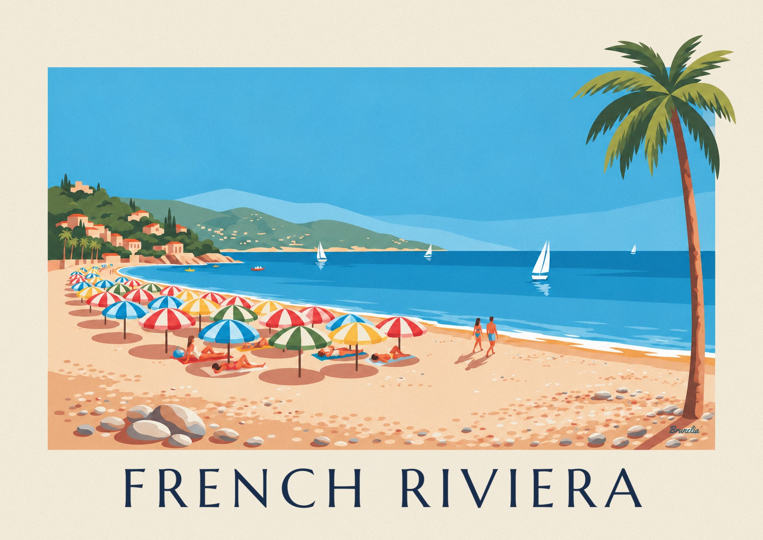 Colorful parasols on a French Riviera pebble beach poster: close-up detail