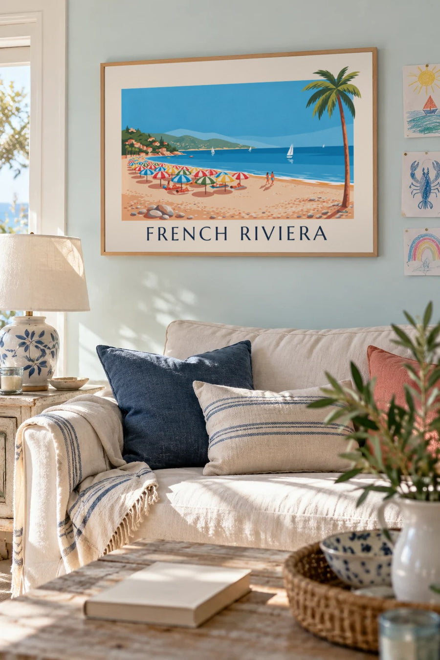 Colorful parasols on a French Riviera pebble beach poster: framed on the wall