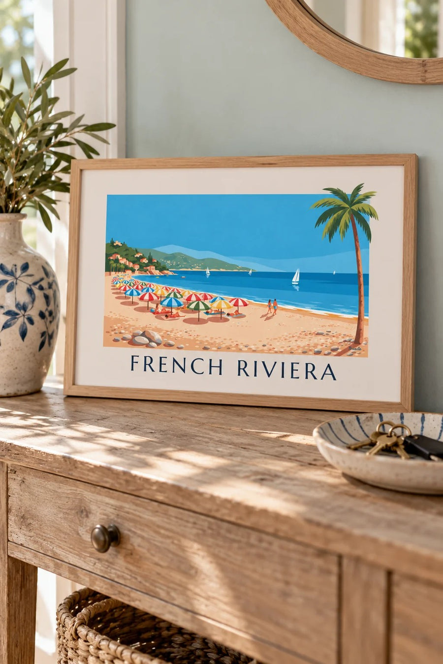 Colorful parasols on a French Riviera pebble beach poster: small A4 size, framed