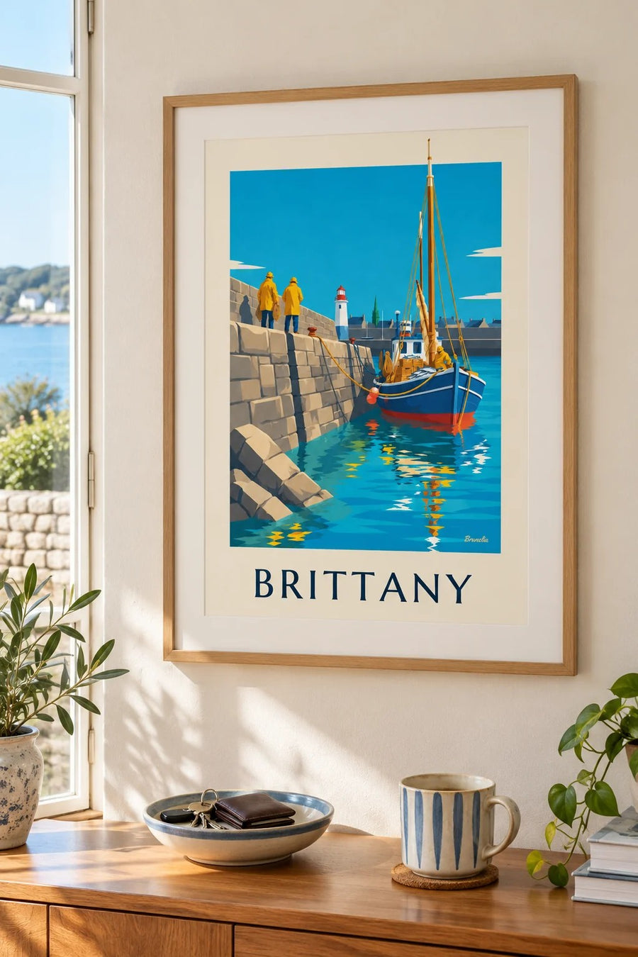 Breton fishing boat returning to granite harbor poster: framed on the wall