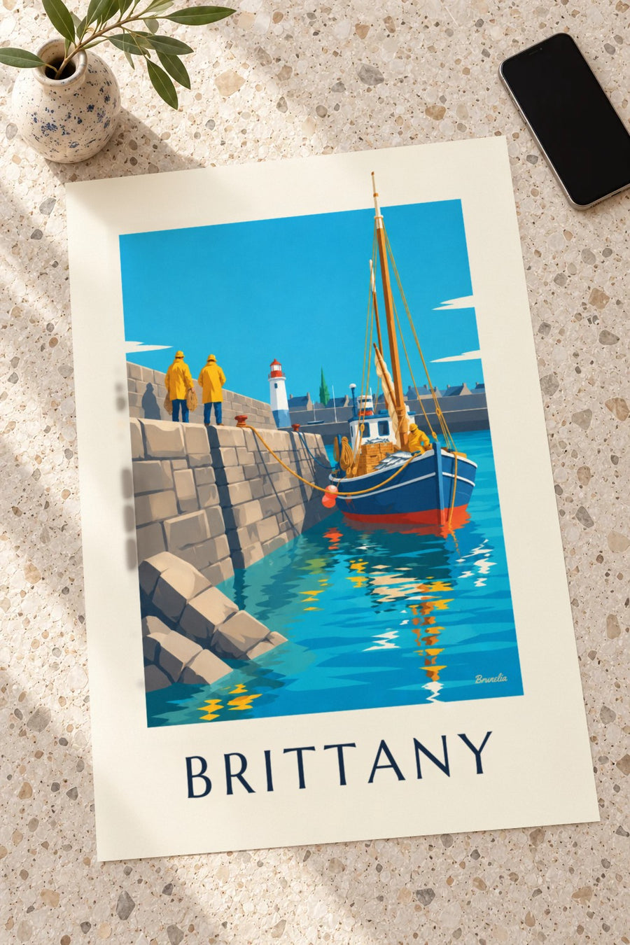 Breton fishing boat returning to granite harbor poster: resting on a table