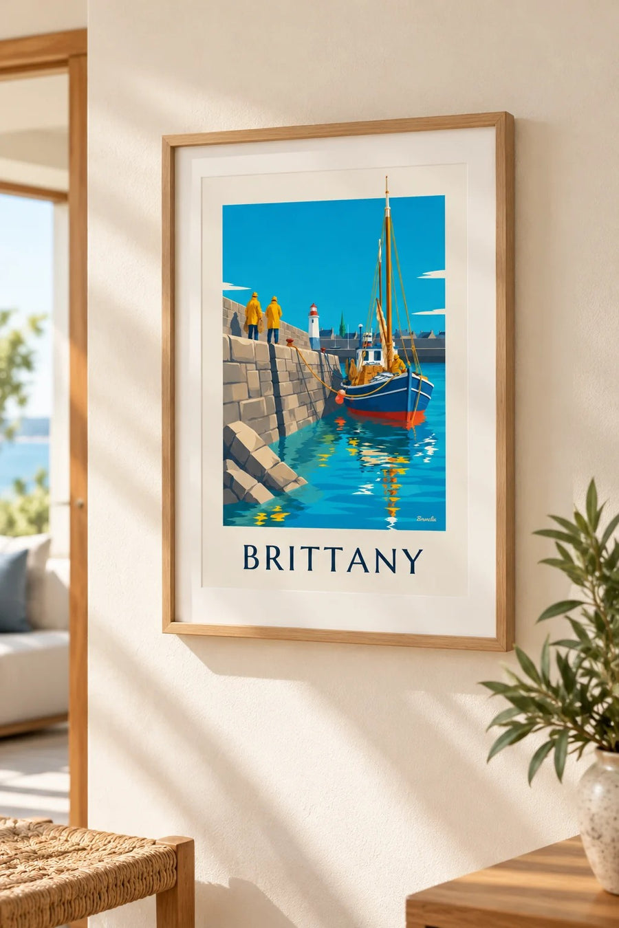 Breton fishing boat returning to granite harbor poster: small A4 size, framed