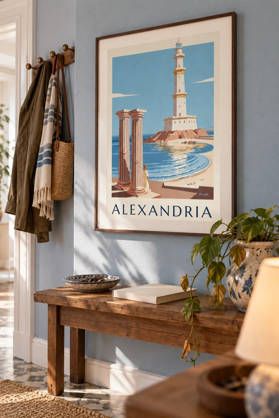 Alexandria ancient lighthouse and columns poster: framed on the wall