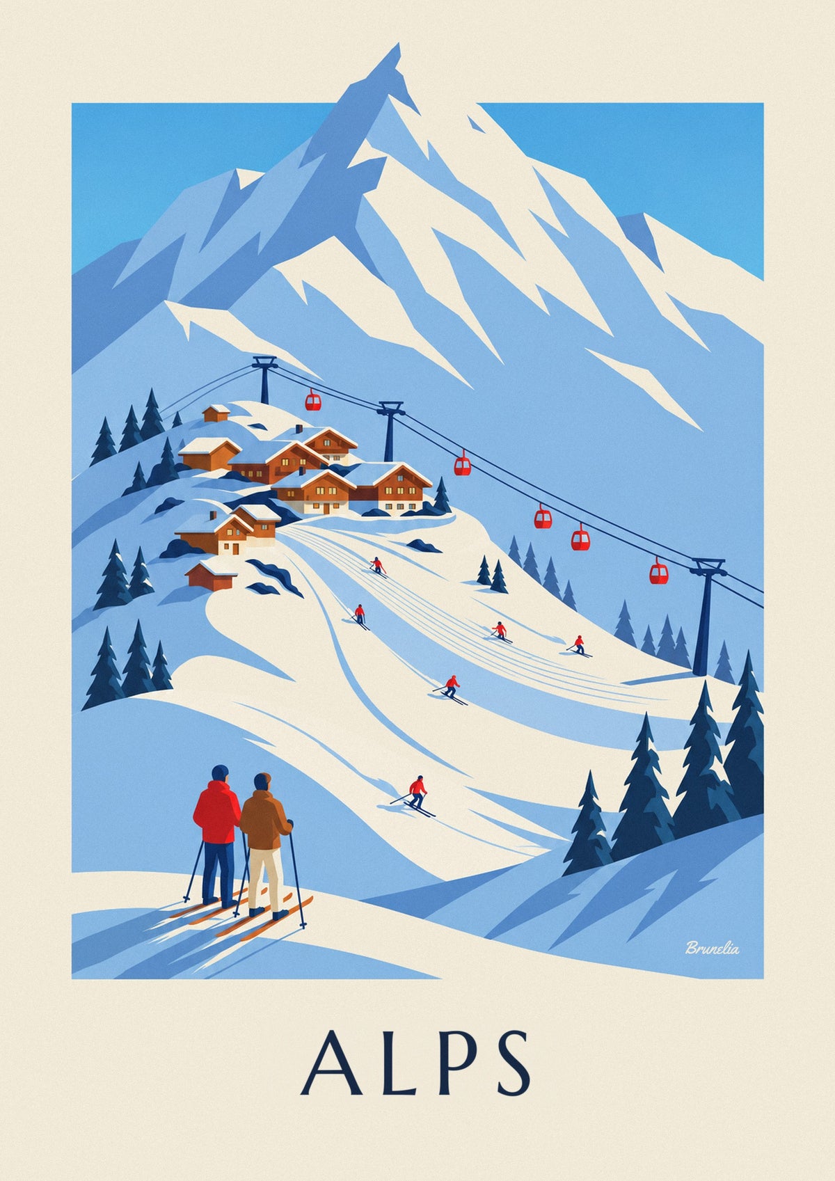French Alps ski resort and gondola poster