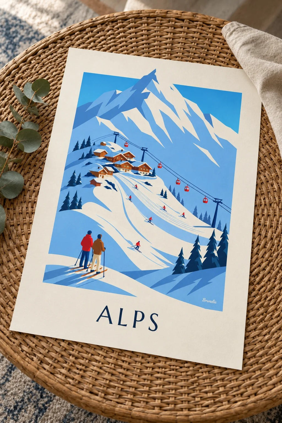 French Alps ski resort and gondola poster: resting on a table