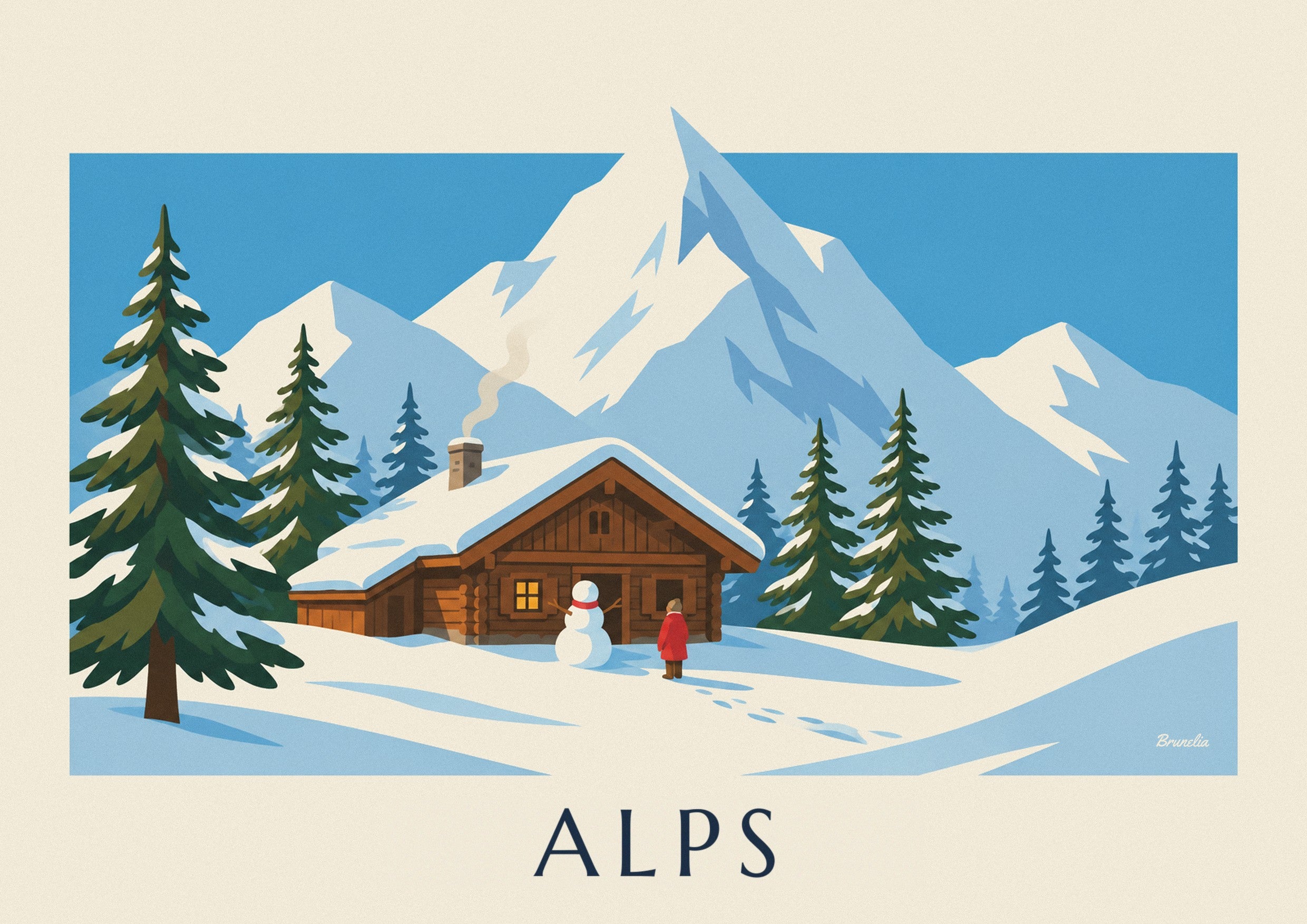 Snowy Alpine chalet and snowman poster: close-up detail