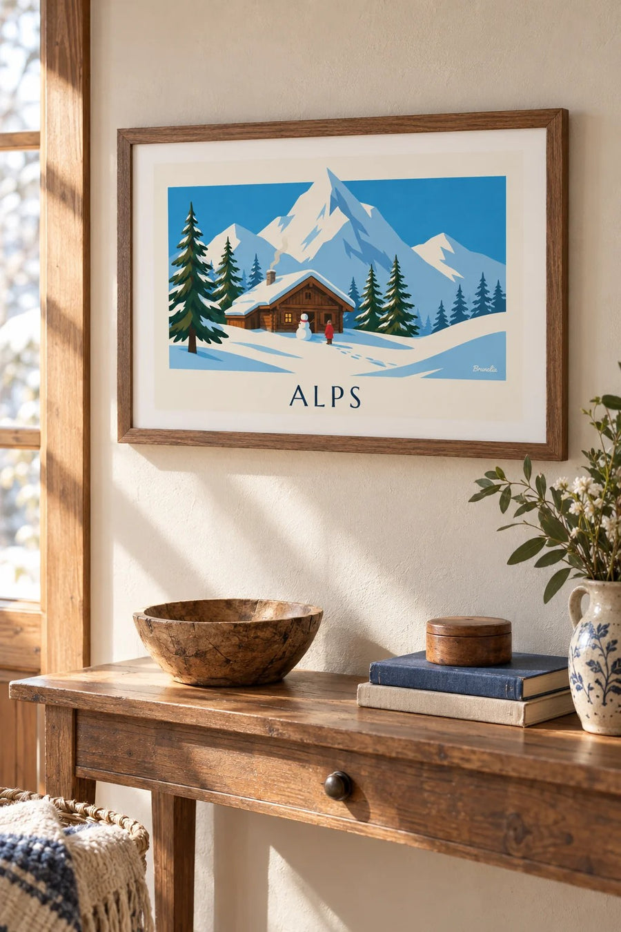 Snowy Alpine chalet and snowman poster: small A4 size, framed