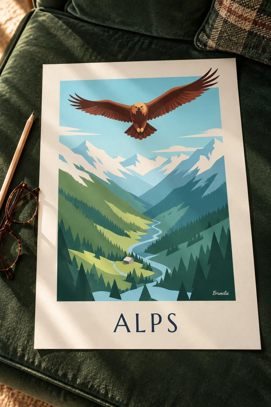 Golden eagle over an Alpine valley poster: laid flat on a table