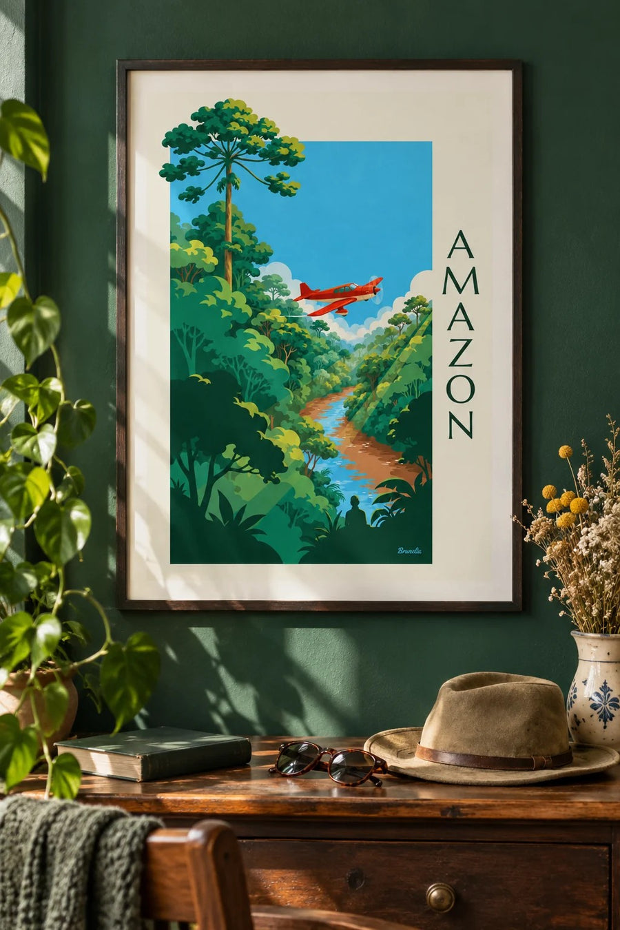 Propeller plane over the Amazon rainforest poster: framed on the wall