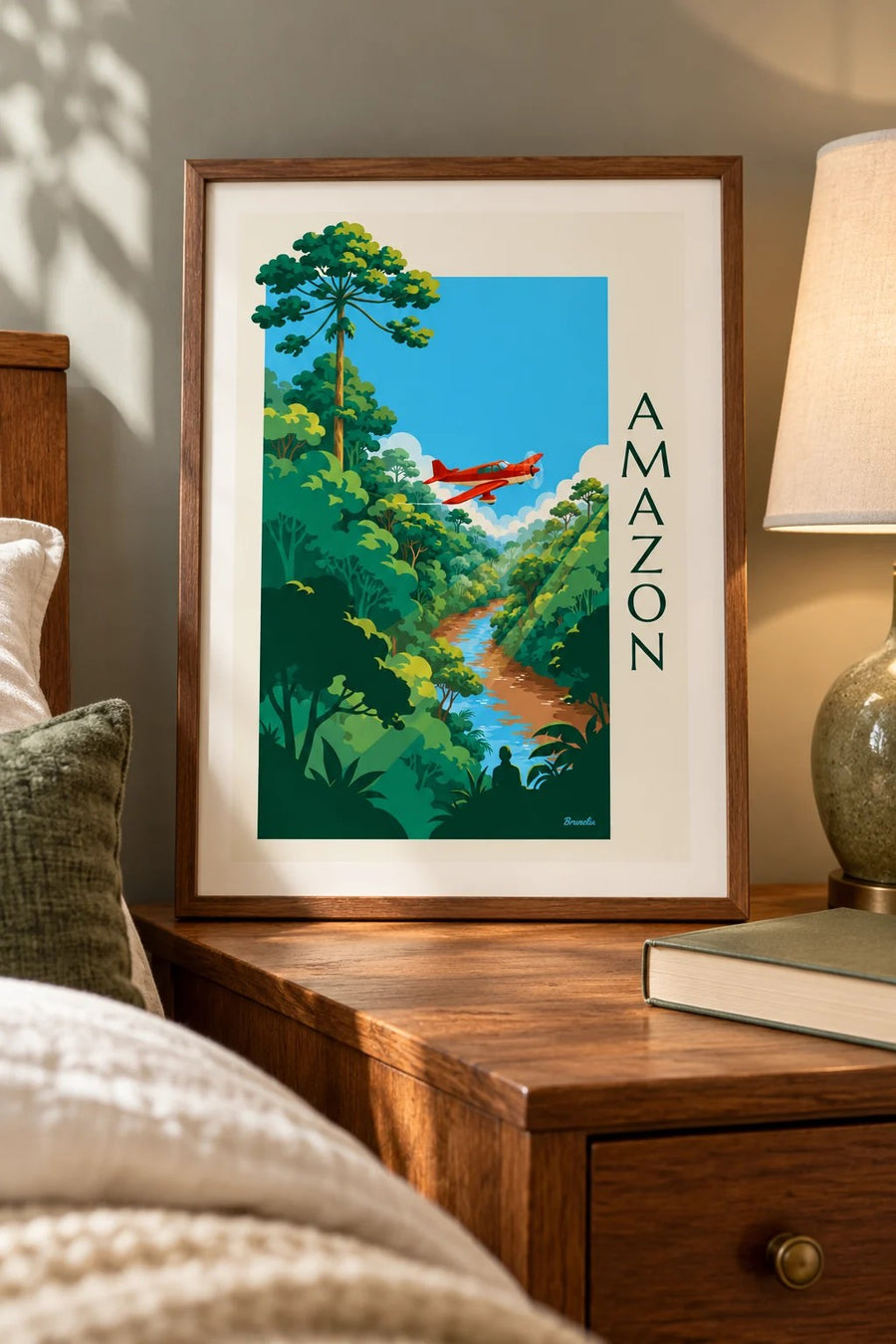 Propeller plane over the Amazon rainforest poster: small A4 framed print