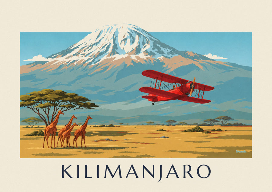 Biplane over the savanna and Kilimanjaro poster