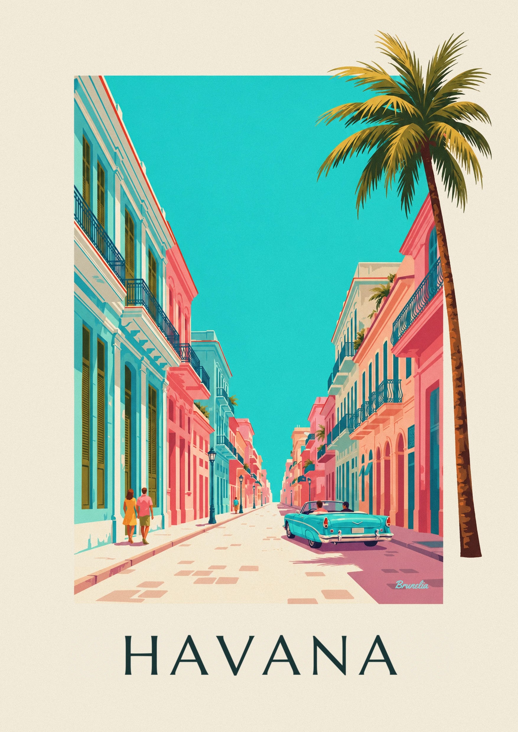 Turquoise American convertible in Havana poster: close-up detail