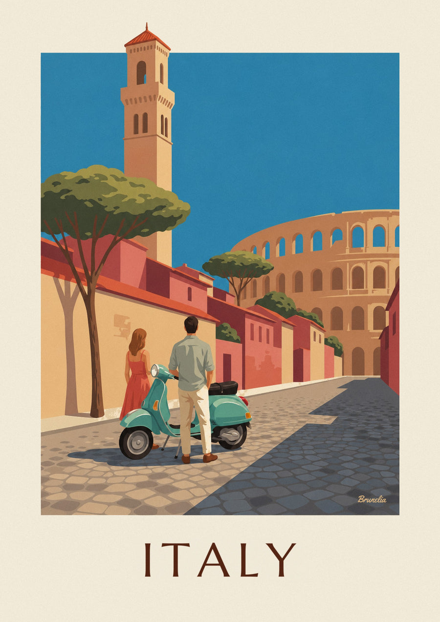 Couple and sea-green scooter in front of the Colosseum in Rome poster
