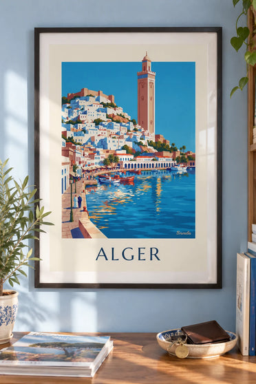 Affiche Casbah blanche d'Alger descendant vers la Méditerranée : encadrée au mur