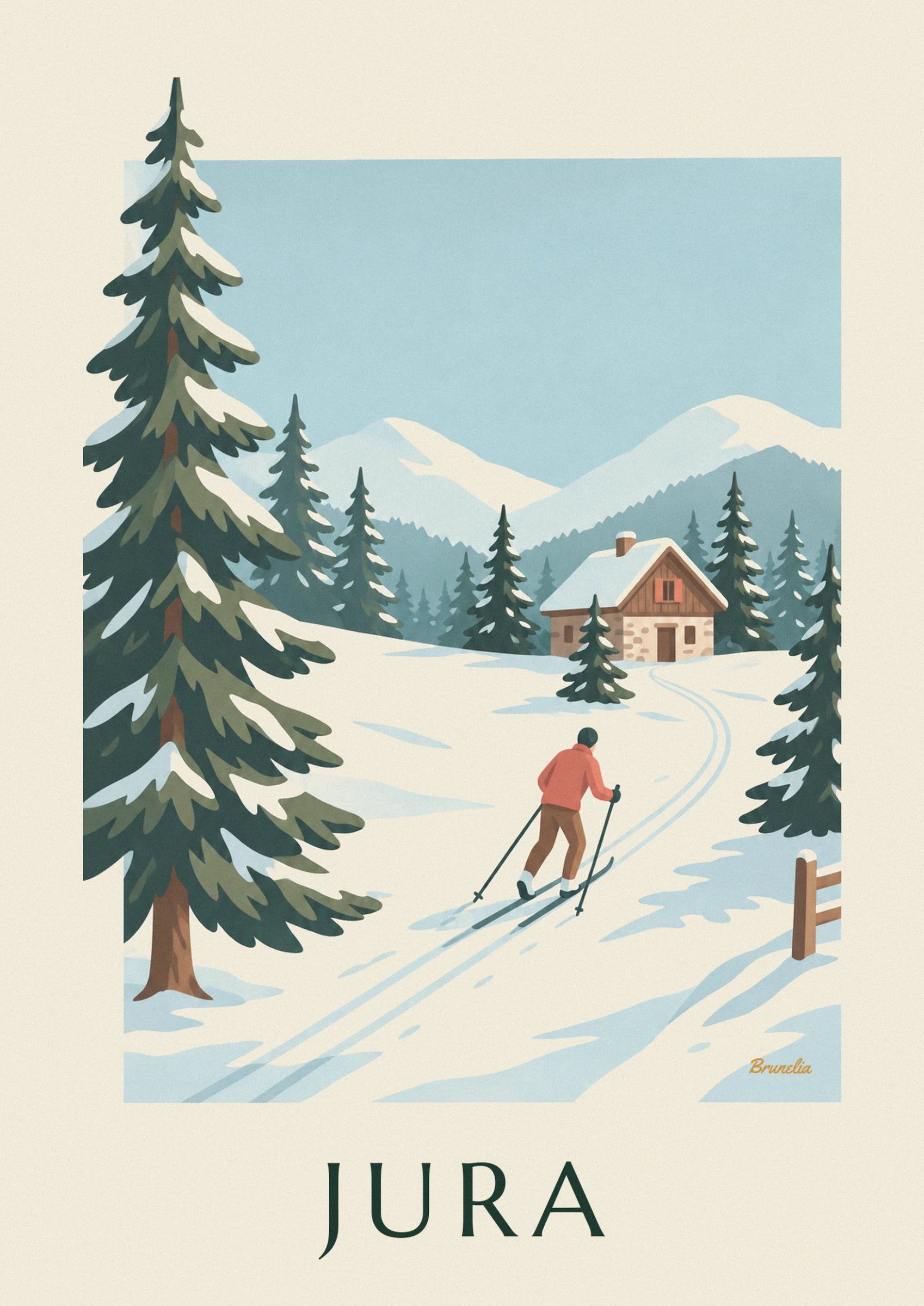 Le skieur de dos en veste rouge, bâtons plantés dans la neige, sur la trace